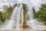 Golden Spike fountain in VDNH park in Moscow closeup at sunny summer day. VDNH park is russian popular touristic landmark