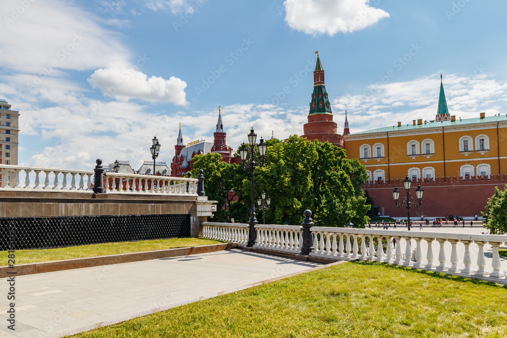 View of Moscow Kremlin from Manezhnaya Square against blue sky at sunny summer morning
