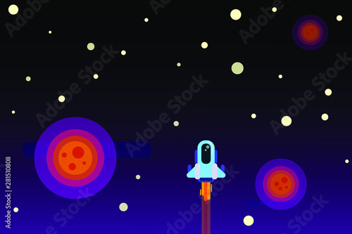 Space rocket flying in outer space among other planets