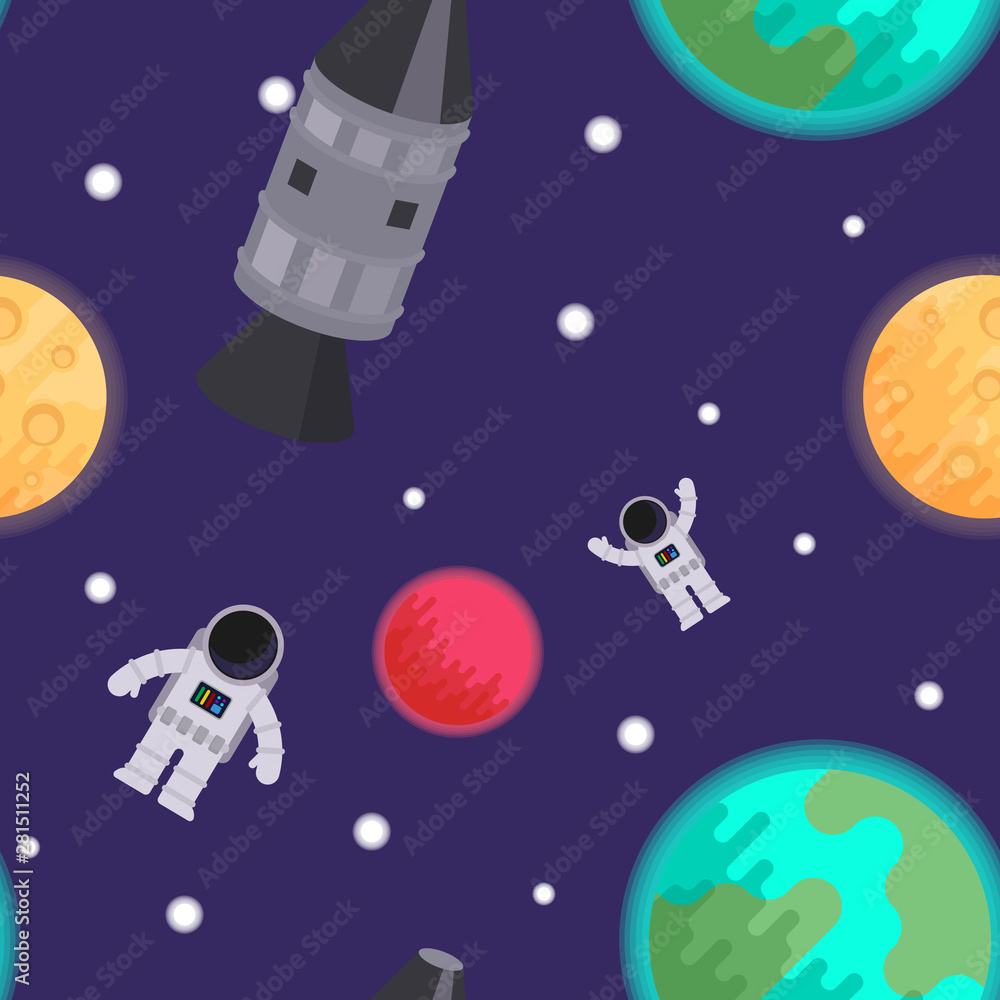 Naklejka premium Seamless pattern: space with moon, planets, rockets and astronauts. Vector flat illustration