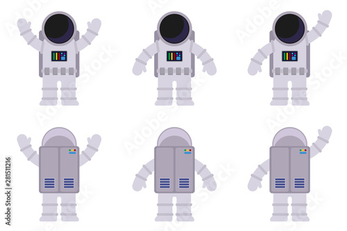 Isolated images of an astronaut in different poses, from the front and back. Vector flat illustration