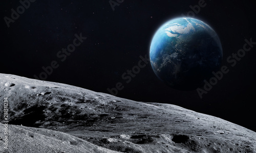 Fototapeta Naklejka Na Ścianę i Meble -  Moon surface and Earth planet on the background. Deep space. Elements of this image furnished by NASA