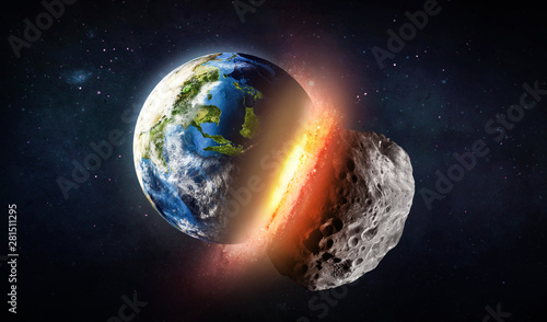 Collision of Earth planet and asteroid. Explosion. Elements of this image furnished by NASA