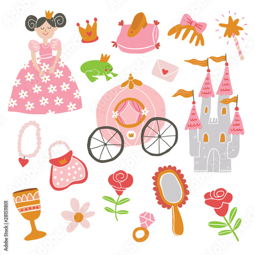 beautiful vector princess, castle, carriage, frog
