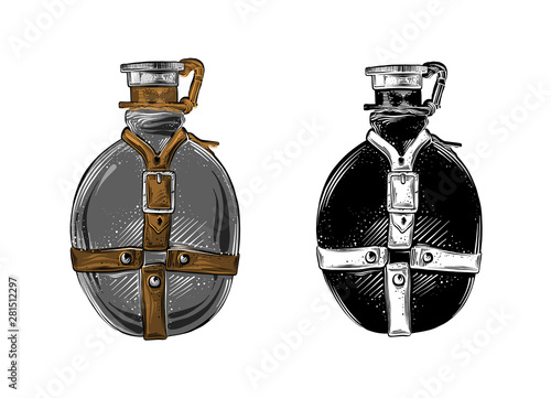 Hand drawn sketch of travel flask in gray color isolated on white background. Detailed vintage style drawing. Vector illustration