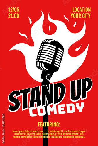 Stand up comedy night live show A3 A4 poster design template. Retro microphone with fire on red background. Hot jokes roast concept flyer. Vector open mic illustration