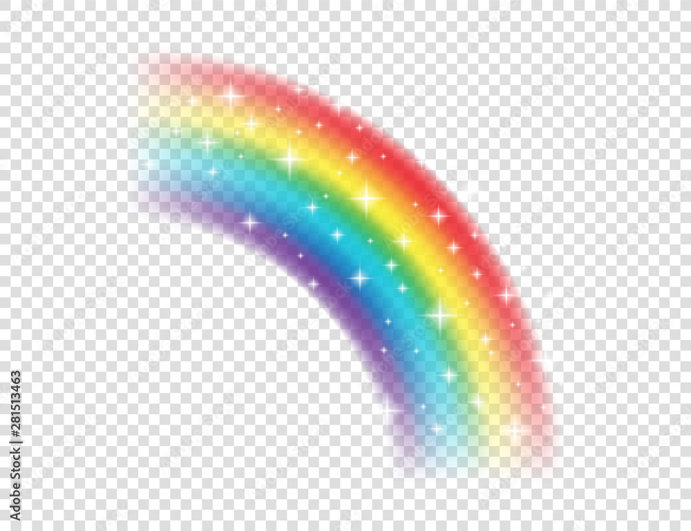 Fototapeta premium Abstract Realistic Colorful Rainbow with Shiny Stars on Transparent Background. Vector illustration.