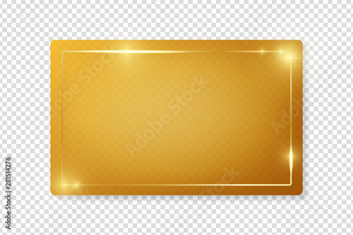 Gold shiny glowing vintage frame on plate isolated on transparent background. Golden luxury realistic border. Wedding, mothers or Valentines day concept. Xmas and New Year paper abstract. Vector