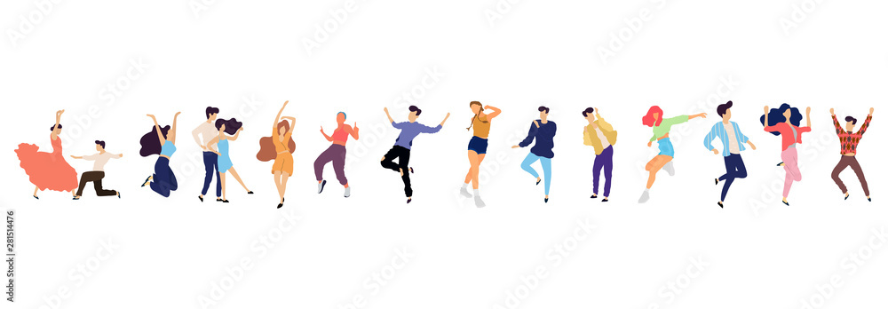 Crowd of young people dancing at club. Big set of characters having fun at party. Flat colorful vector illustration. Crowd of young people dancing at club. Big set of characters having fun at party. Flat colorful vector illustration.