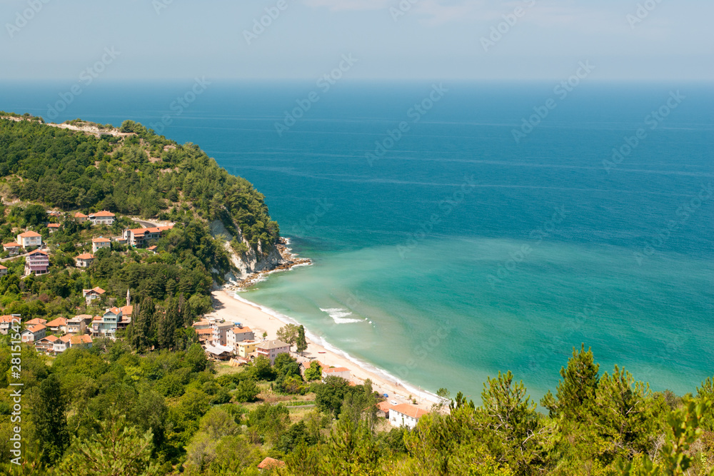 Turkey's Black Sea coast resort area bay among green gocks