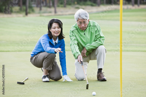 Senior couple observing golf ball on golf course photo