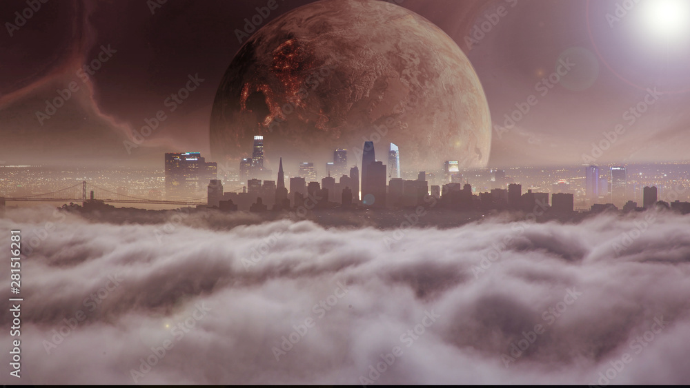 Fototapeta premium Large planet rising over city skyline in a futuristic world