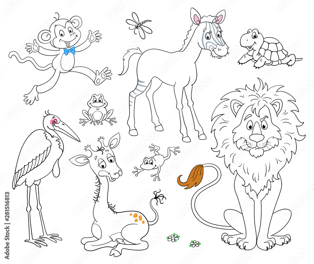 Obraz premium Set of funny african animals in cartoon style. Black and white picture with color accents. Isolated on white background. For coloring.