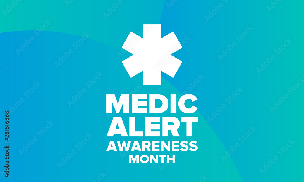 Obraz premium Medic Alert Awareness Month in August. Medical bracelets. First aid, emergency. Medical design. Celebration in United States. Poster, greeting card, banner and background. Vector illustration
