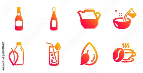 Champagne, Beer bottle and Water glass line icons set. Water drop, Milk jug and Coffee cup signs. Celebration drink, Brewery. Food and drink set. Gradient champagne icons set. Vector