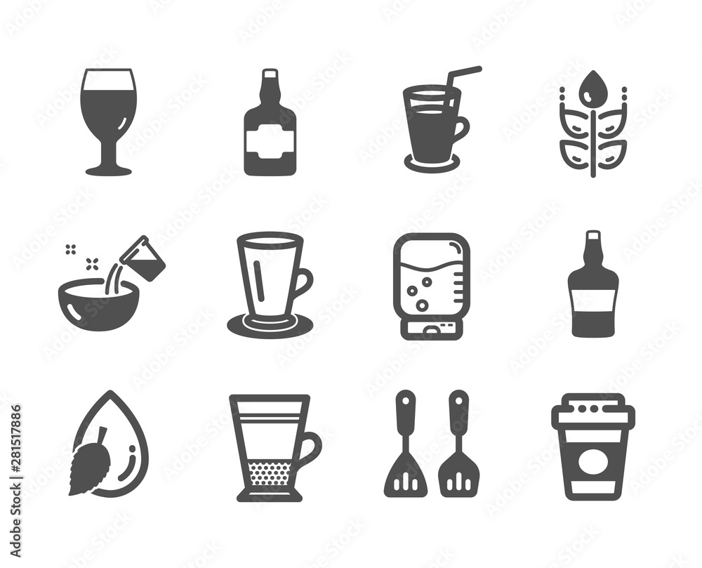 Set of Food and drink icons, such as Water drop, Cooking water, Scotch bottle, Teacup, Cooking cutlery, Takeaway coffee, Cocktail, Double latte, Gluten free, Beer glass, Whiskey bottle. Vector Set of Food and drink icons, such as Water drop, Cooking water, Scotch bottle, Teacup, Cooking cutlery, Takeaway coffee, Cocktail, Double latte, Gluten free, Beer glass, Whiskey bottle. Vector