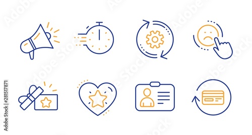 Cogwheel, Ranking star and Loyalty gift line icons set. Cooking timer, Megaphone and Id card signs. Dislike, Refund commission symbols. Engineering tool, Love rank. Technology set. Vector