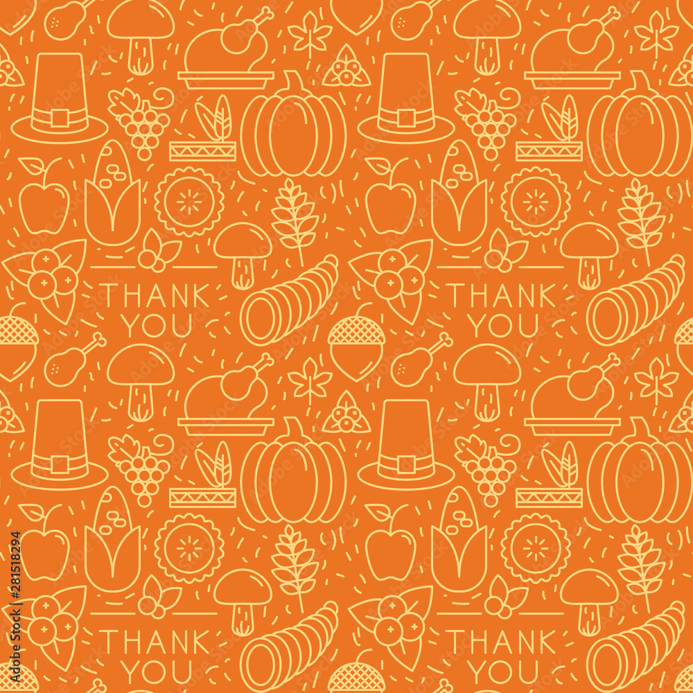 Thanksgiving elements on orange background. Seamless pattern for wallpaper, web sites,wrapping paper,for fashion prints, fabric, design. Thanksgiving elements on orange background. Seamless pattern for wallpaper, web sites,wrapping paper,for fashion prints, fabric, design.