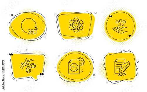 Atom, Consolidation and Feather signature signs. Chat bubbles. Scissors, Project deadline and 360 degrees line icons set. Cutting ribbon, Time management, Full rotation. Electron. Science set. Vector