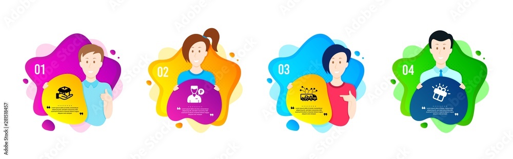 Valet servant, Hold box and Truck delivery icons simple set. People shapes timeline. Gift sign. Parking man, Delivery parcel, Logistics. Marketing box. Transportation set. Dynamic shape offer. Vector Valet servant, Hold box and Truck delivery icons simple set. People shapes timeline. Gift sign. Parking man, Delivery parcel, Logistics. Marketing box. Transportation set. Dynamic shape offer. Vector