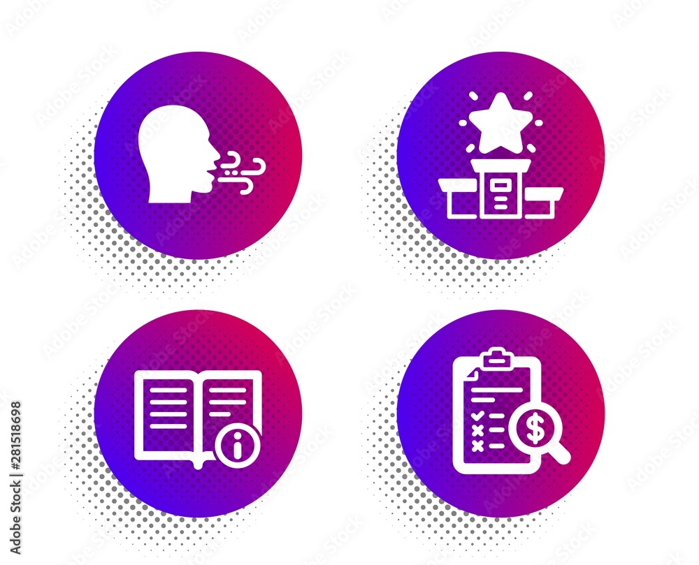 Winner podium, Breathing exercise and Technical info icons simple set. Halftone dots button. Accounting report sign. First place, Breath, Documentation. Check finance. Education set. Vector Winner podium, Breathing exercise and Technical info icons simple set. Halftone dots button. Accounting report sign. First place, Breath, Documentation. Check finance. Education set. Vector