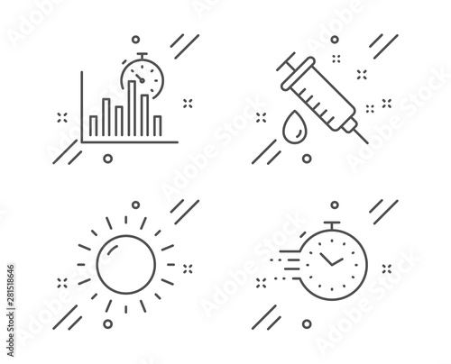 Medical syringe, Report timer and Sunny weather line icons set. Timer sign. Vaccination, Growth chart, Sun. Deadline management. Science set. Line medical syringe outline icon. Vector