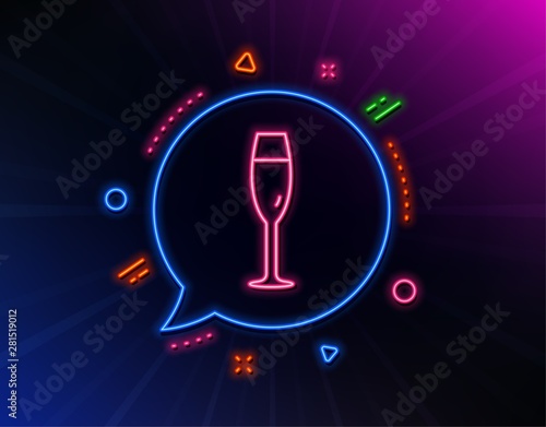 Champagne glass line icon. Neon laser lights. Wine glass sign. Glow laser speech bubble. Neon lights chat bubble. Banner badge with champagne glass icon. Vector