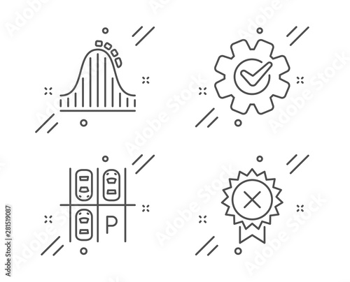 Cogwheel  Roller coaster and Parking place line icons set. Reject medal sign. Engineering tool  Attraction park  Transport. Award rejection. Technology set. Line cogwheel outline icon. Vector