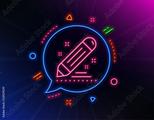 Brand contract line icon. Neon laser lights. Pencil sign. Edit social marketing report symbol. Glow laser speech bubble. Neon lights chat bubble. Banner badge with brand contract icon. Vector