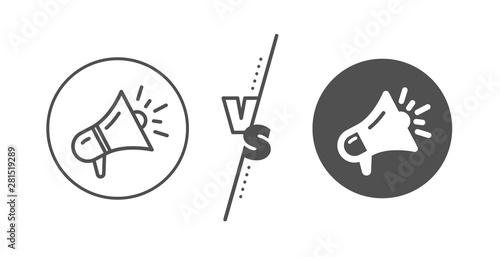 Advertisement device symbol. Versus concept. Megaphone line icon. Brand ambassador loudspeaker sign. Line vs classic megaphone icon. Vector