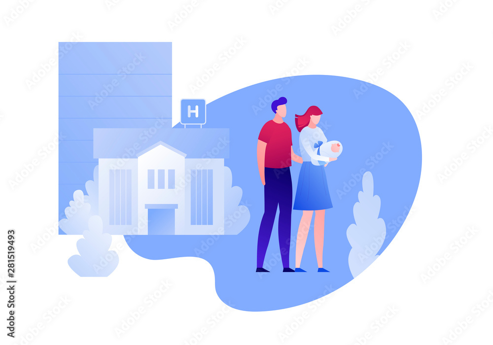 Vector modern flat newborn parents character illustration. Happy father and mother couple holding walking from hospital on white. Design element for clinic banner, poster, infographics, medicine. Vector modern flat newborn parents character illustration. Happy father and mother couple holding walking from hospital on white. Design element for clinic banner, poster, infographics, medicine.