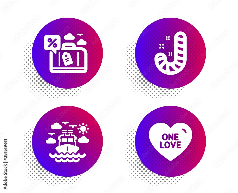 Travel loan, Ship travel and Candy icons simple set. Halftone dots button. One love sign. Trip discount, Cruise transport, Lollypop. Sweet heart. Holidays set. Classic flat travel loan icon. Vector