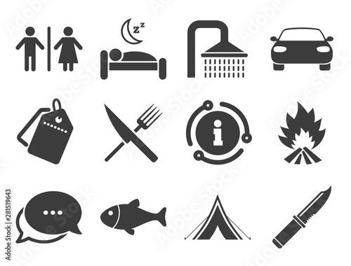 Camping, shower and wc toilet signs. Discount offer tag, chat, info icon. Hiking travel icons. Tourist tent, fork and knife symbols. Classic style signs set. Vector