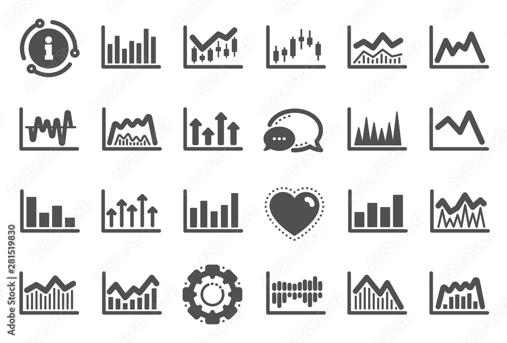 Financial chart icons. Set of Candle stick graph, Report diagram and Infochart icons. Growth, Trade and Investment chart. Stock exchange, Candlestick and financial diagram graph. Quality set. Vector