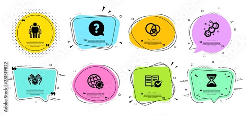 Chemical formula, Group and Time line icons set. Chat bubbles with quotes. Euler diagram, Approved documentation and Question mark signs. Safe time, Globe symbols. Chemistry, Managers. Vector