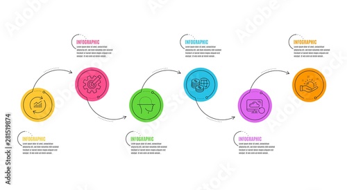 Cogwheel, Recovery cloud and Sunny weather signs. Infographics timeline. Face scanning, Update data and World money line icons set. Faces detection, Sales statistics, Global markets. Vector