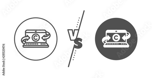 Ð¡opyright sign. Versus concept. Copywriting notebook line icon. Media content symbol. Line vs classic copywriting notebook icon. Vector