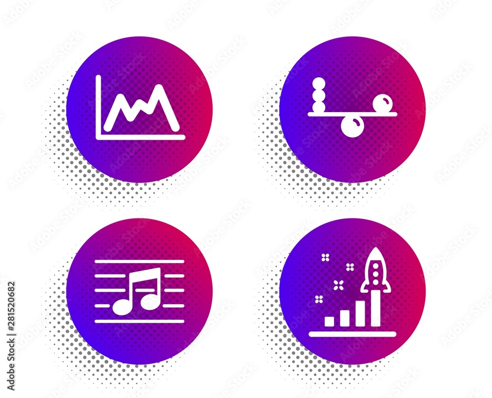 Balance, Musical note and Diagram icons simple set. Halftone dots button. Development plan sign. Concentration, Music, Growth graph. Strategy. Education set. Classic flat balance icon. Vector