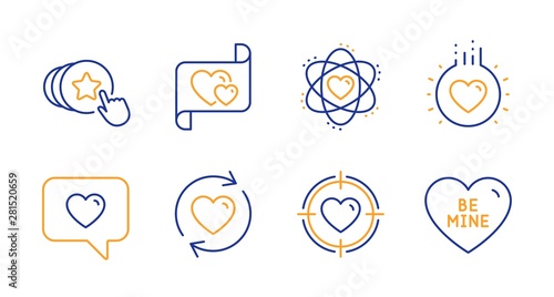 Atom, Hold heart and Love line icons set. Update relationships, Love message and Valentine target signs. Be mine symbol. Electron, Heart. Love set. Line atom icon. Vector