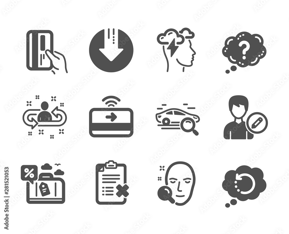 Set of Technology icons, such as Face search, Question mark, Recovery data, Download arrow, Payment card, Search car, Edit person, Contactless payment, Reject checklist, Mindfulness stress. Vector Set of Technology icons, such as Face search, Question mark, Recovery data, Download arrow, Payment card, Search car, Edit person, Contactless payment, Reject checklist, Mindfulness stress. Vector