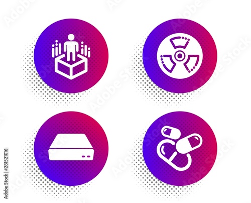 Chemical hazard, Augmented reality and Mini pc icons simple set. Halftone dots button. Capsule pill sign. Toxic, Virtual reality, Computer. Medicine drugs. Science set. Vector