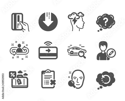 Set of Technology icons, such as Face search, Question mark, Recovery data, Download arrow, Payment card, Search car, Edit person, Contactless payment, Reject checklist, Mindfulness stress. Vector