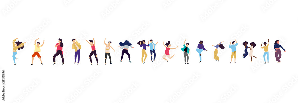 Crowd of young people dancing at club. Big set of characters having fun at party. Flat colorful vector illustration. Crowd of young people dancing at club. Big set of characters having fun at party. Flat colorful vector illustration.