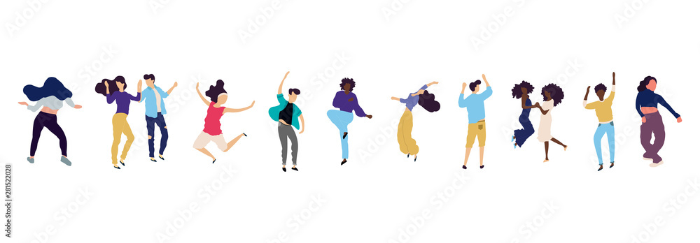 Crowd of young people dancing at club. Big set of characters having fun at party. Flat colorful vector illustration. Crowd of young people dancing at club. Big set of characters having fun at party. Flat colorful vector illustration.