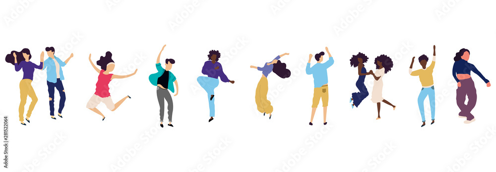 Fototapeta premium Crowd of young people dancing at club. Big set of characters having fun at party. Flat colorful vector illustration.