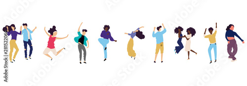 Crowd of young people dancing at club. Big set of characters having fun at party. Flat colorful vector illustration.