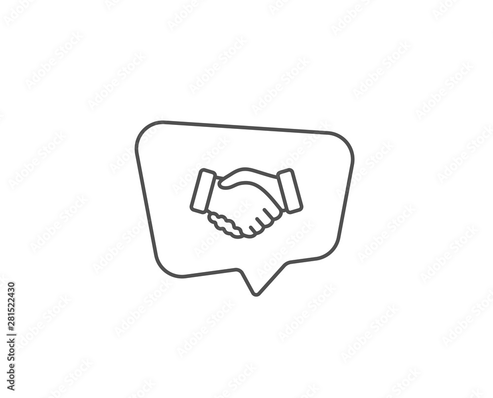 Handshake line icon. Chat bubble design. Hand gesture sign. Business deal palm symbol. Outline concept. Thin line handshake icon. Vector Handshake line icon. Chat bubble design. Hand gesture sign. Business deal palm symbol. Outline concept. Thin line handshake icon. Vector