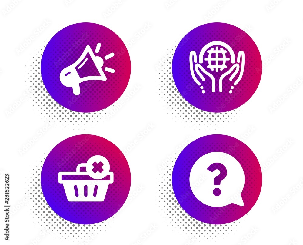 Delete order, Organic tested and Megaphone icons simple set. Halftone dots button. Question mark sign. Clean basket, Safe nature, Brand advertisement. Help support. Business set. Vector