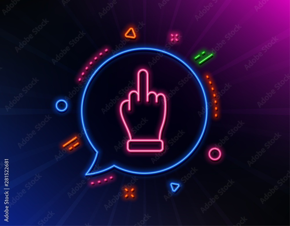 Middle finger hand line icon. Neon laser lights. Palm gesture symbol. Glow  laser speech bubble. Neon lights chat bubble. Banner badge with middle  finger icon. Vector Stock Vector