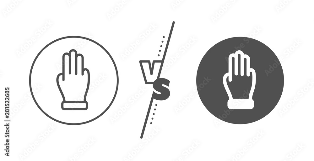 Click palm sign. Versus concept. Three fingers hand line icon. Gesture symbol. Line vs classic three fingers icon. Vector Click palm sign. Versus concept. Three fingers hand line icon. Gesture symbol. Line vs classic three fingers icon. Vector